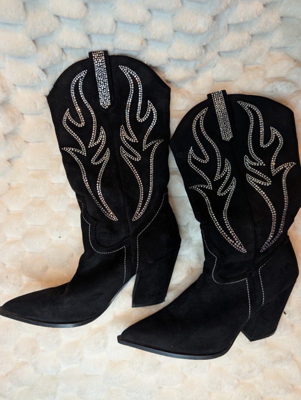 Western Rhinestone Cowboy Boots Black Faux Suede Pointed Toe Block Heel Size 8